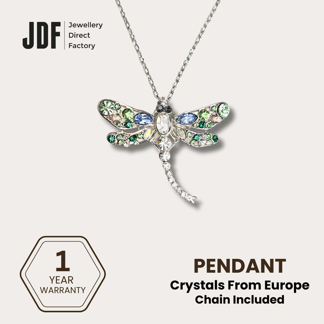 Dragonfly Pendant with Crystal From Europe, Crystal Pendant, Green, Crystal From Europe, One-Year Warranty - Jewellery Direct Factory in alabaster background