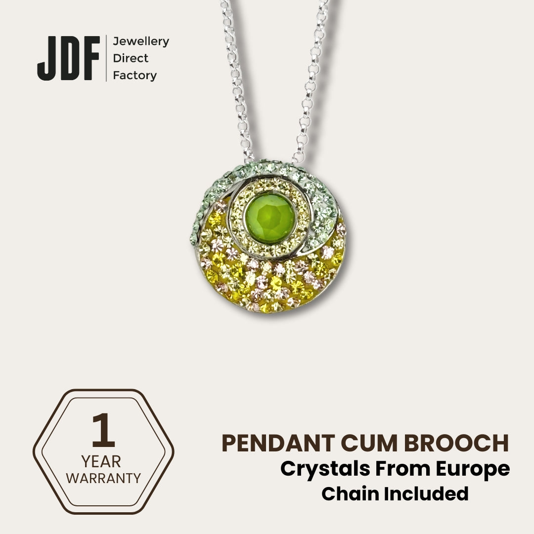Energy Round Pendant Cum Brooch with Crystal From Europe, Pendant Brooch, Green, Crystal From Europe, One-Year Warranty - Jewellery Direct Factory in alabaster background