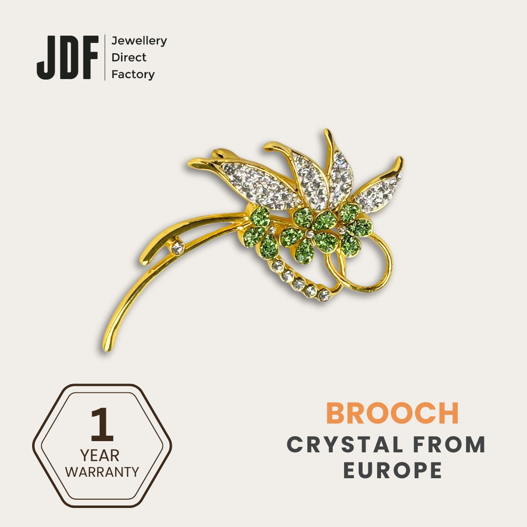 Luxury Floral Leaf Brooch with Sparkling European Crystals, Brooch, Green, Crystals from Europe, One-Year Warranty - Jewellery Direct Factory in alabaster background
