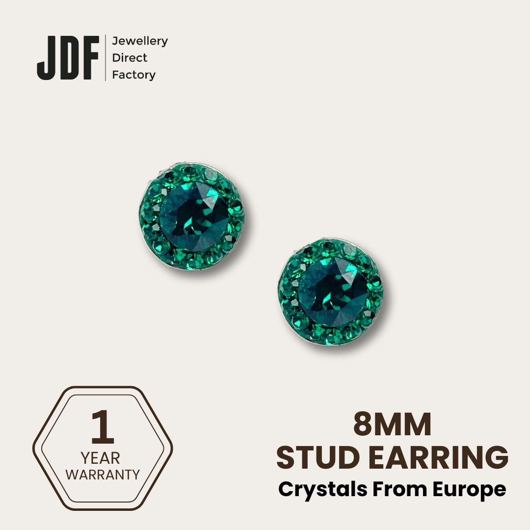 Mini Halo Round Stud Earrings with Crystals from Europe, Crystal Earrings, Green, Crystals from Europe, One-Year Warranty - Jewellery Direct Factory in alabaster background