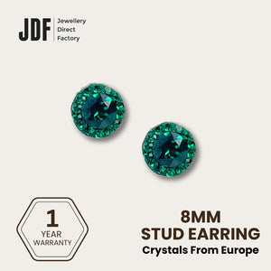 Mini Halo Round Stud Earrings with Crystals from Europe, Crystal Earrings, Green, Crystals from Europe, One-Year Warranty - Jewellery Direct Factory in alabaster background