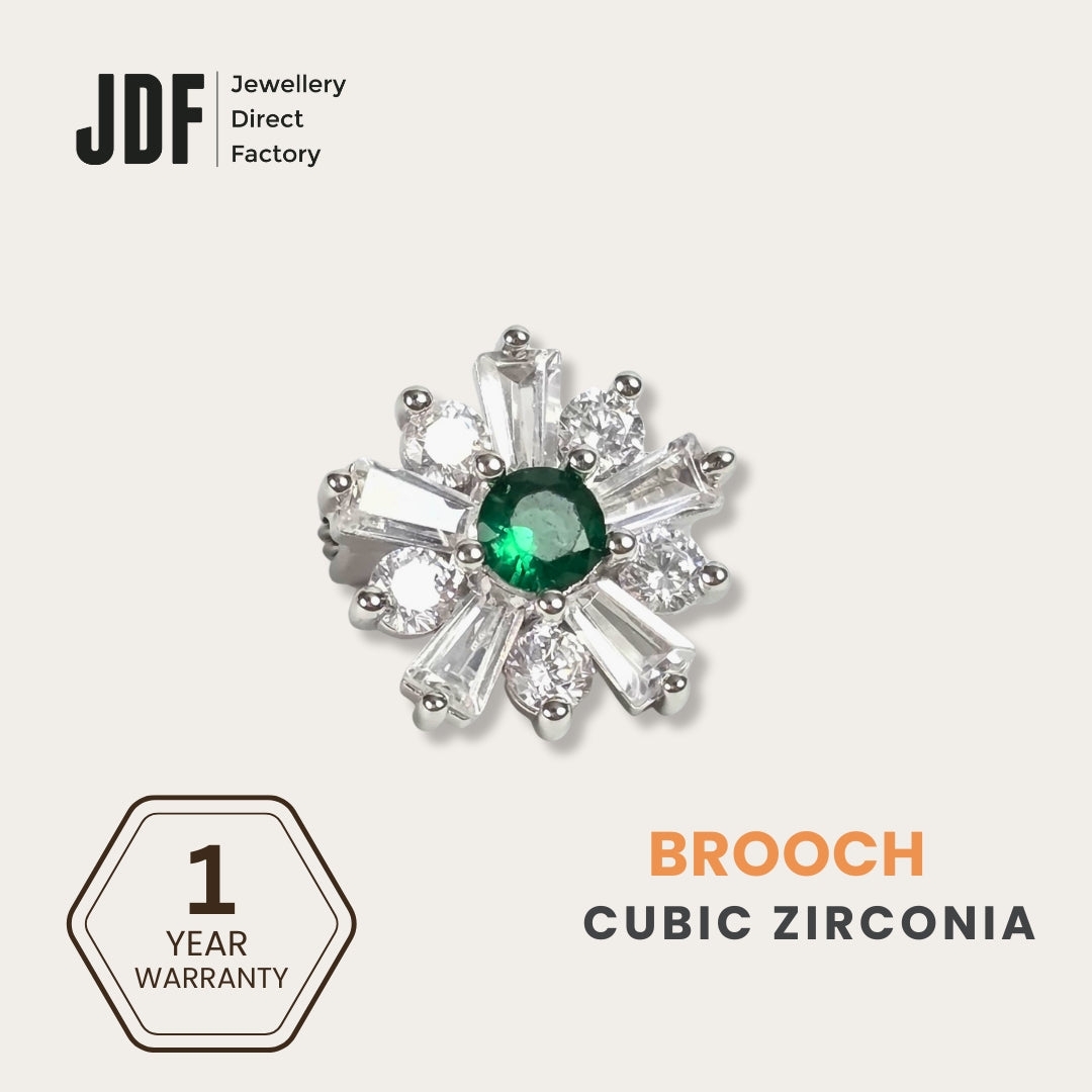 Minimalist Daisy Flower Brooch with Cubic Zirconia, Brooch, Green, Crystals from Europe, One-Year Warranty - Jewellery Direct Factory in alabaster background