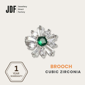 Minimalist Daisy Flower Brooch with Cubic Zirconia, Brooch, Green, Crystals from Europe, One-Year Warranty - Jewellery Direct Factory in alabaster background