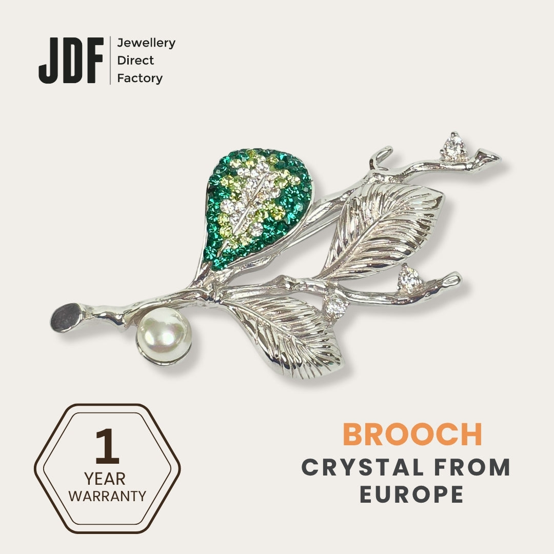 Pearl Leaves Brooch with Crystal From Europe, Brooch, Green, Crystals from Europe, One-Year Warranty - Jewellery Direct Factory in alabaster background