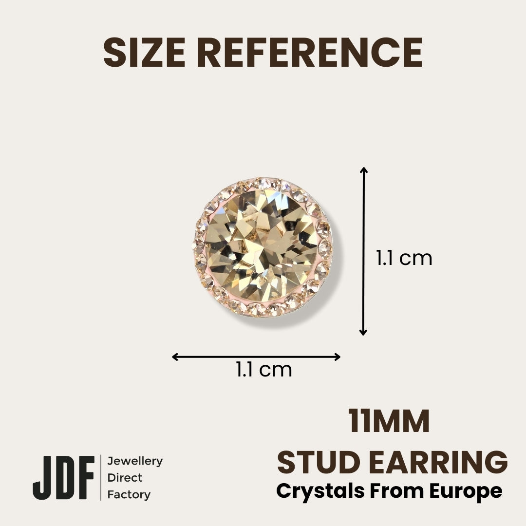 Halo Round Stud with Crystals from Europe, Earrings, Size Reference, Crystals from Europe, One-Year Warranty - Jewellery Direct Factory in alabaster background