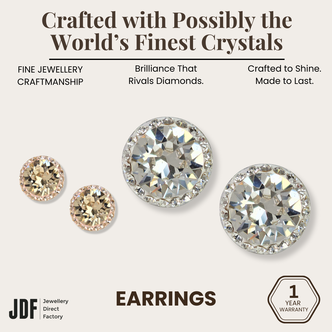 Halo Round Stud with Crystals from Europe, Earrings, White, Champagne, Crystals from Europe, One-Year Warranty - Jewellery Direct Factory in alabaster background