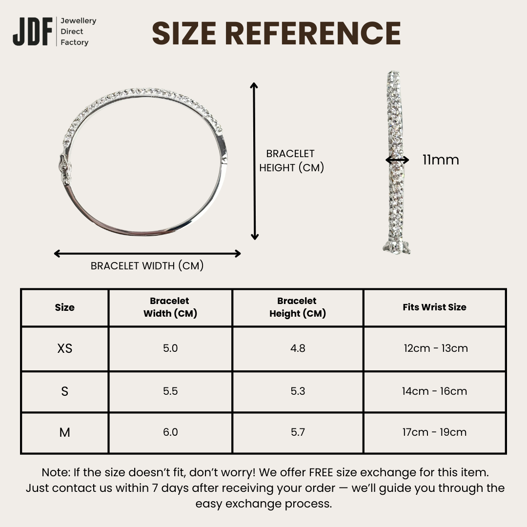 Hinged Pave Bangle with Crystal From Europe, Bangle, Size Reference, Crystals from Europe, One-Year Warranty - Jewellery Direct Factory in alabaster background