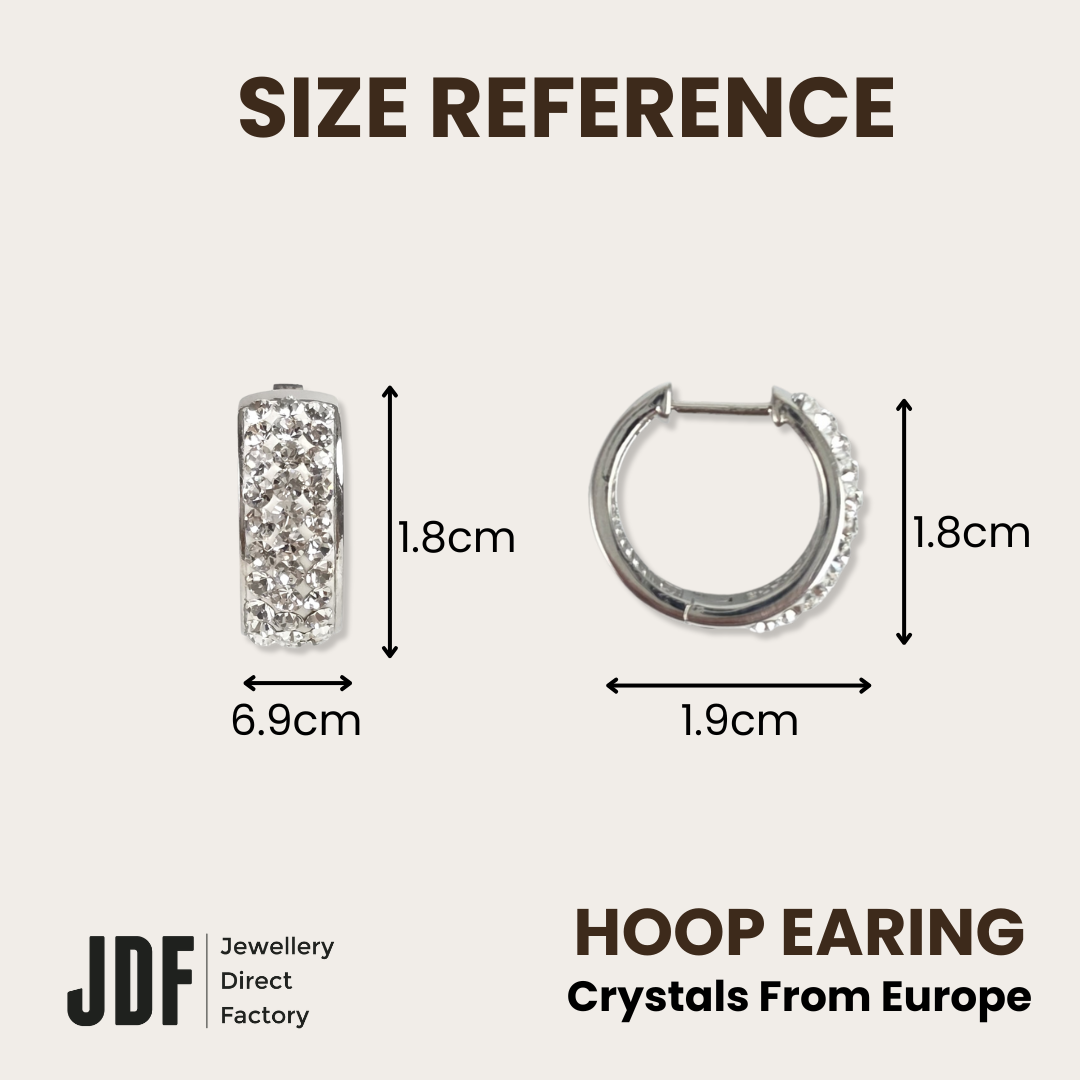 Huggie Hoops with Crystals From Europe, Earrings, Size Reference, Crystals from Europe, One-Year Warranty - Jewellery Direct Factory in alabaster background