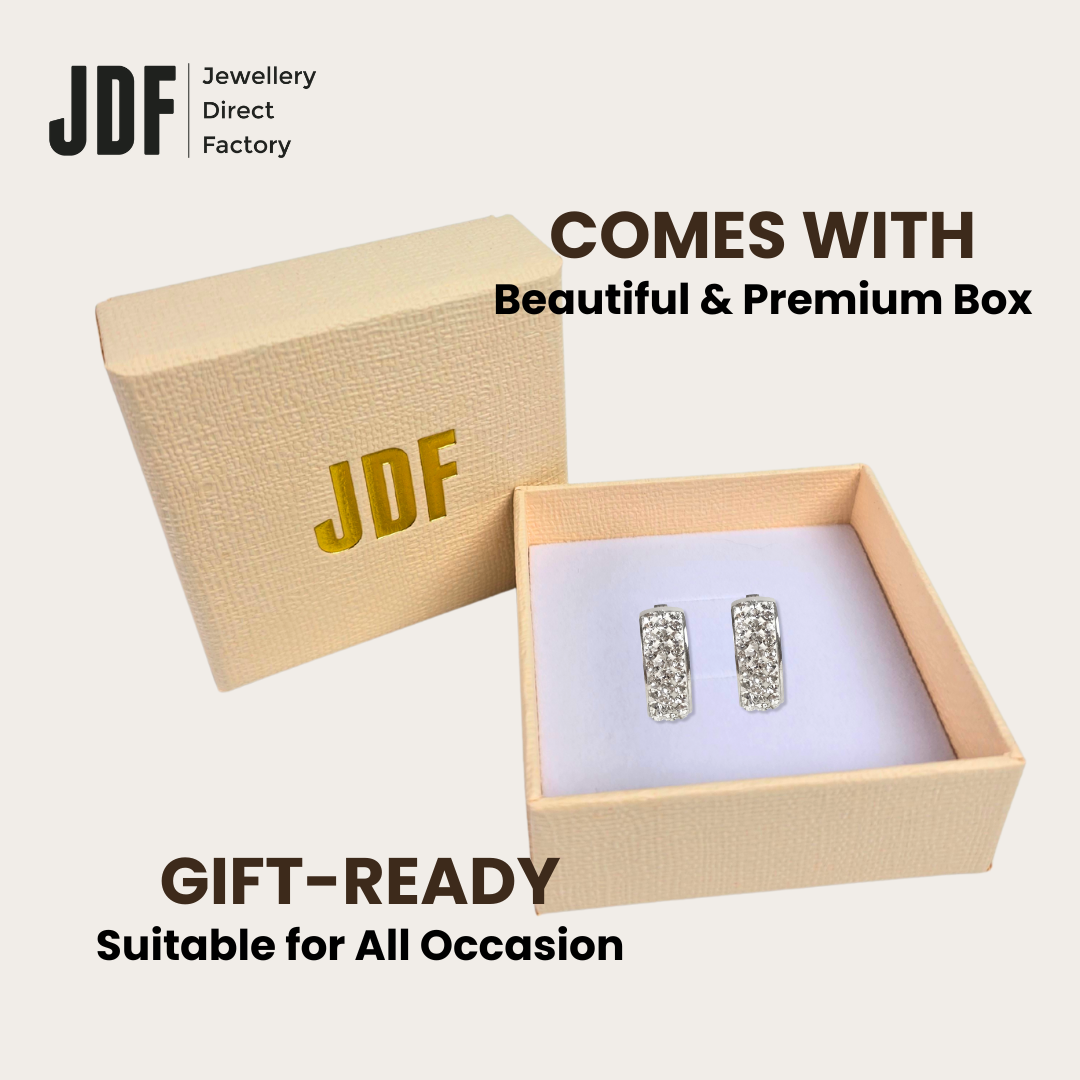 Huggie Hoops with Crystals From Europe, Earrings, Packaging Display, Crystals from Europe, One-Year Warranty - Jewellery Direct Factory in alabaster background