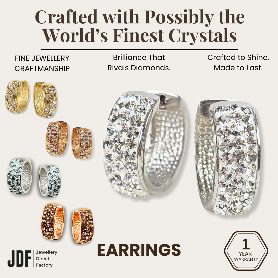 Huggie Hoops with Crystals From Europe, Earrings, White Gold, Rose Gold, Yellow Gold, Brown, Blue, Crystals from Europe, One-Year Warranty - Jewellery Direct Factory in alabaster background