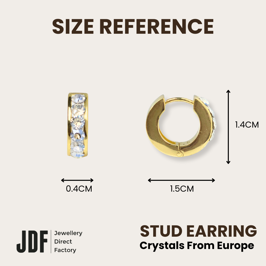 Huggies Earrings with Crystals from Europe, Crystal Earrings, Size Reference, Crystals from Europe, One-Year Warranty - Jewellery Direct Factory in alabaster background