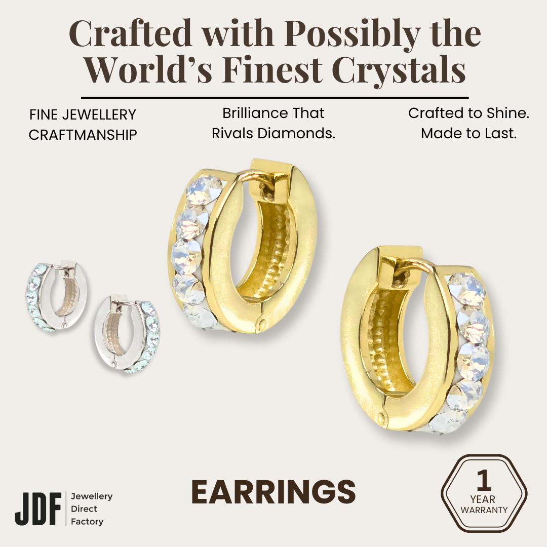 Huggies Earrings with Crystals from Europe, Crystal Earrings, White Gold, Gold, Crystals from Europe, One-Year Warranty - Jewellery Direct Factory in alabaster background