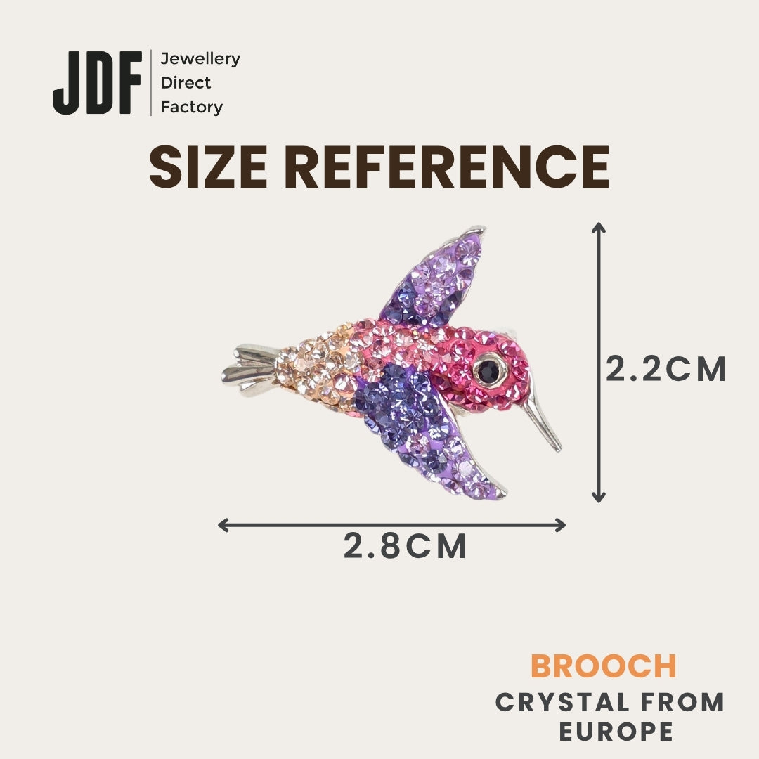 Hummingbird Brooch with Crystal From Europe, Brooch, Size Reference, Crystals from Europe, One-Year Warranty - Jewellery Direct Factory in alabaster background