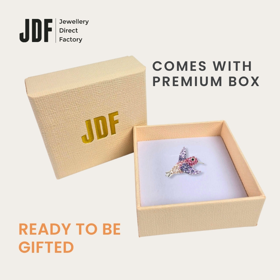 Hummingbird Brooch with Crystal From Europe, Brooch, Packaging Display, Crystals from Europe, One-Year Warranty - Jewellery Direct Factory in alabaster background