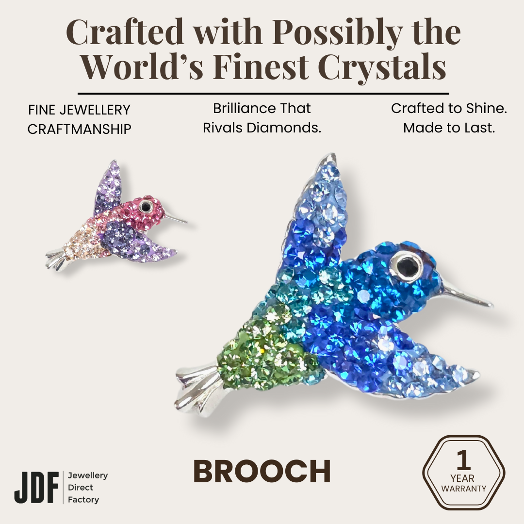 Hummingbird Brooch with Crystal From Europe, Brooch, Blue, Purple, Crystals from Europe, One-Year Warranty - Jewellery Direct Factory in alabaster background