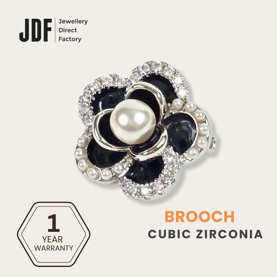Black Camellia Pearl Brooch with Crystal From Europe, Brooch, Black, Crystals from Europe, One-Year Warranty - Jewellery Direct Factory in alabaster background Angle 2