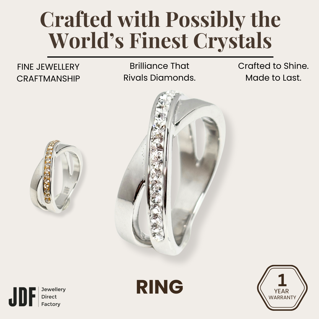 Infinity Crystal Embrace Ring with Crystal From Europe, Crystal Ring, White Gold, Crystal From Europe, One-Year Warranty - Jewellery Direct Factory in alabaster background