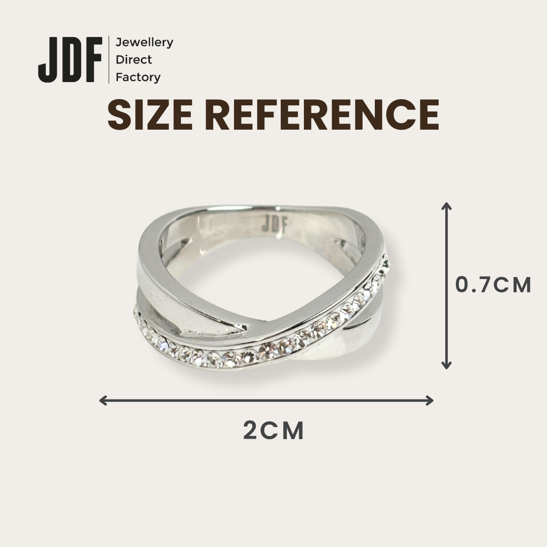 Infinity Crystal Embrace Ring with Crystal From Europe, Crystal Ring, Size Reference, Crystal From Europe, One-Year Warranty - Jewellery Direct Factory in alabaster background