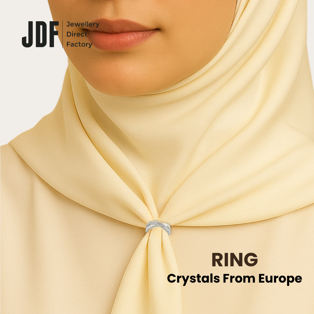 Infinity Crystal Embrace Ring with Crystal From Europe, Crystal Ring, Worn by Woman Model on Tudung, Crystal From Europe, One-Year Warranty - Jewellery Direct Factory in alabaster background