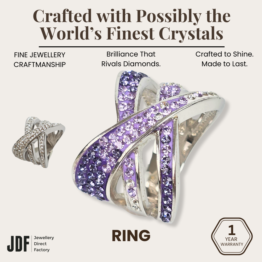 Intertwined Elegance Ring with Crystals From Europe, Crystal Ring, White Purple, Crystals From Europe, One-Year Warranty - Jewellery Direct Factory in alabaster background