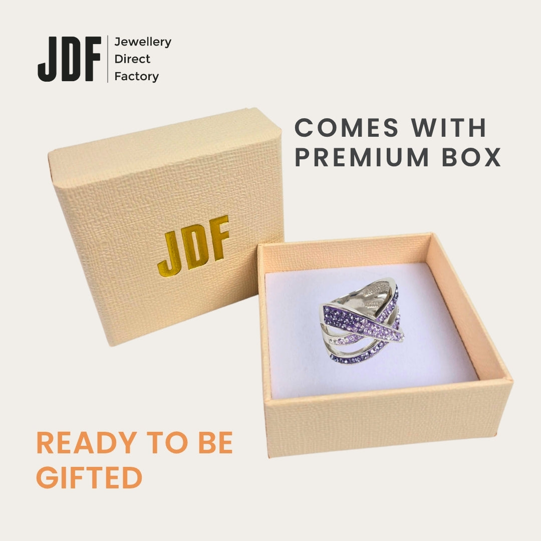 Intertwined Elegance Ring with Crystals From Europe, Crystal Ring, Inside Jewellery Box Packaging, Crystals From Europe, One-Year Warranty - Jewellery Direct Factory in alabaster background