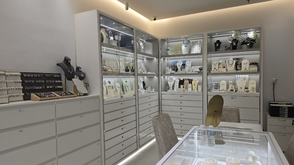 Inside JDF jewellery showroom featuring elegant engagement rings, lab diamond jewelry, and crystal pieces crafted for women