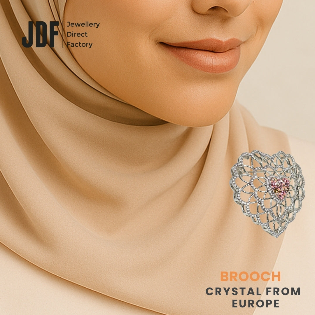 Leafy Love Big Brooch with Crystals from Europe, Brooch, Worn on Tudung by Model, Crystals from Europe, One-Year Warranty - Jewellery Direct Factory in alabaster background