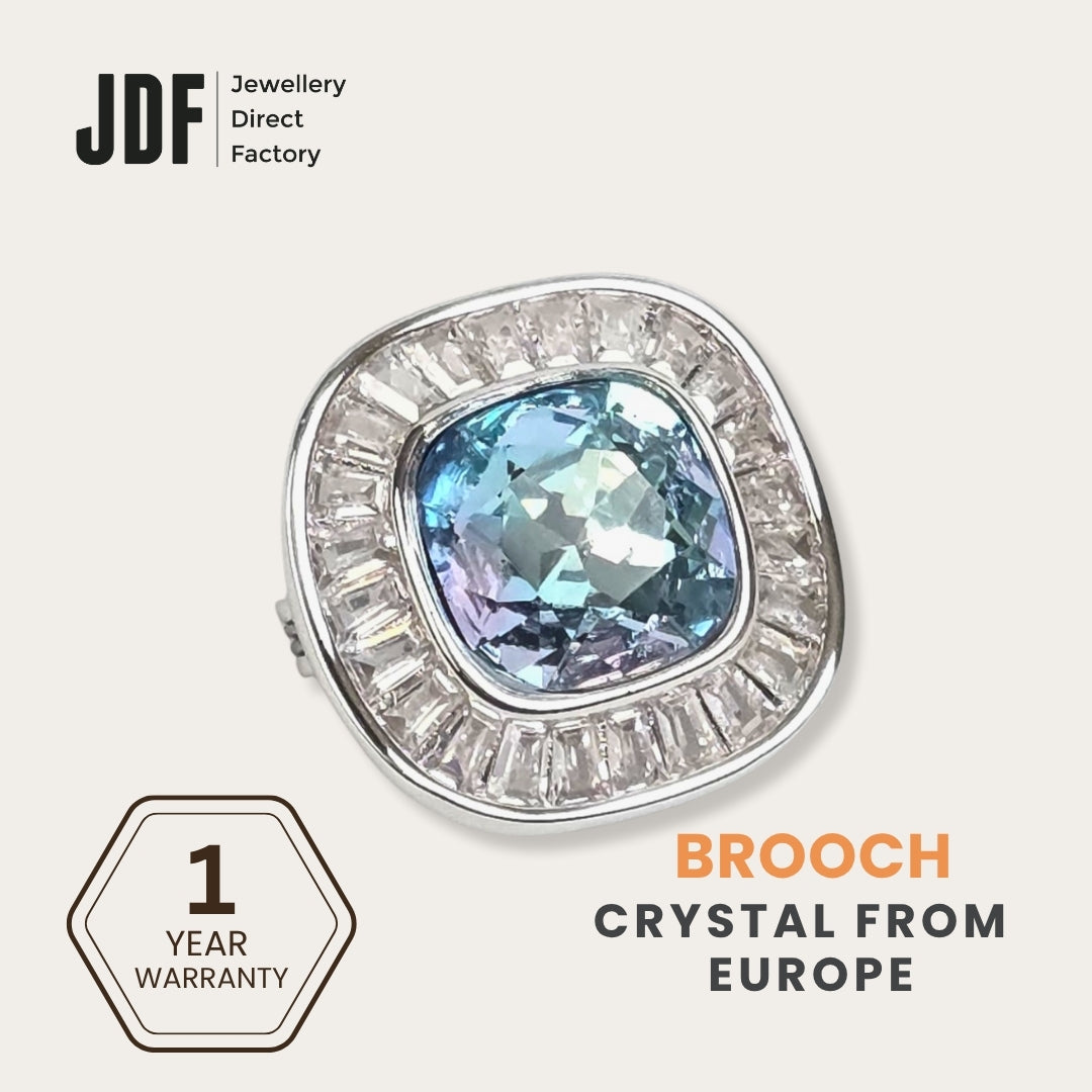 Elegant Square Brooch with Crystal From Europe, Brooch, Light Blue, Crystals from Europe, One-Year Warranty - Jewellery Direct Factory in alabaster background