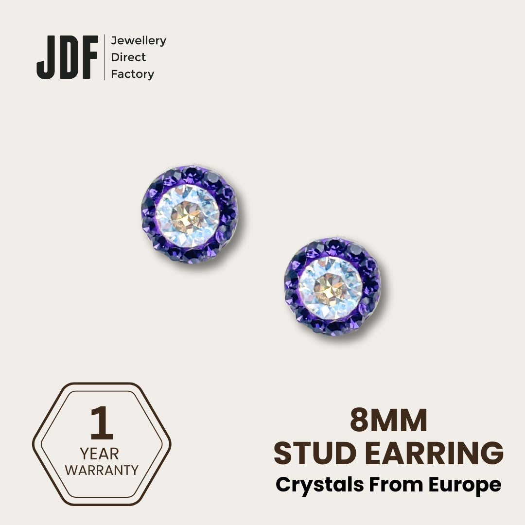 Mini Halo Round Stud Earrings with Crystals from Europe, Crystal Earrings, Light Purple, Crystals from Europe, One-Year Warranty - Jewellery Direct Factory in alabaster background