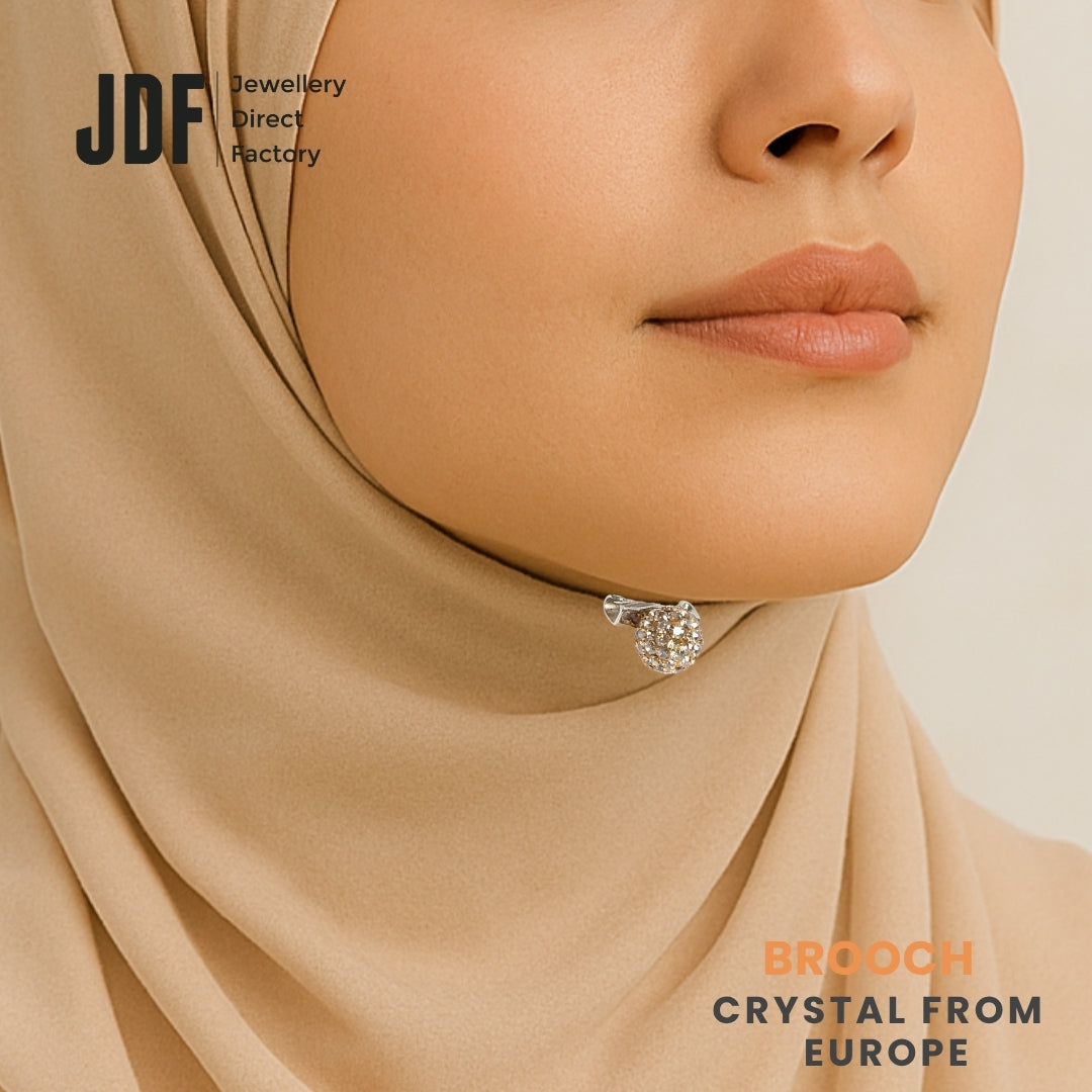 Lollipop Brooch with Crystal From Europe, Brooch, Worn on Tudung by Model, Crystals from Europe, One-Year Warranty - Jewellery Direct Factory in alabaster background