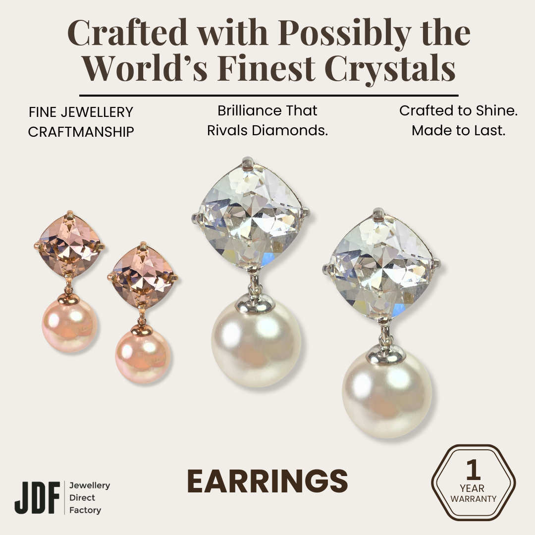 Lustre Drop with Pearl and Crystals from Europe, Earrings, White, Rose Gold, Crystals from Europe, One-Year Warranty - Jewellery Direct Factory in alabaster background