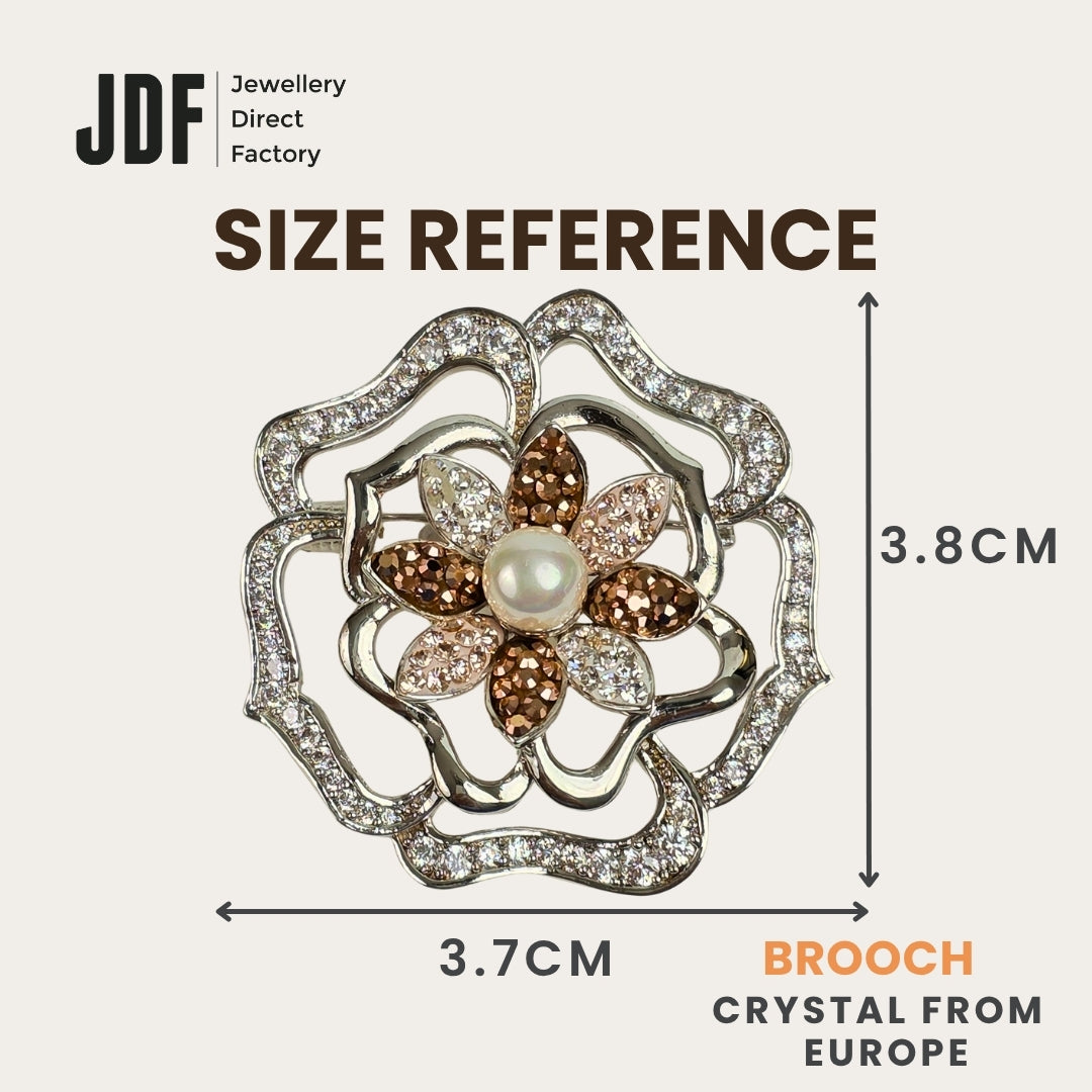 Luxurious Flower Brooch with Crystals from Europe, Brooch, Size Reference, Crystals from Europe, One-Year Warranty - Jewellery Direct Factory in alabaster background