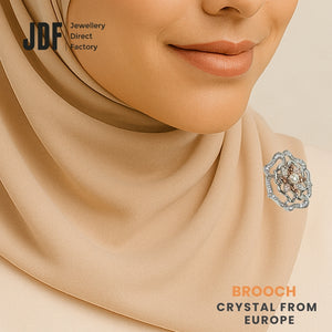 Luxurious Flower Brooch with Crystals from Europe, Brooch, Worn on Tudung by Model, Crystals from Europe, One-Year Warranty - Jewellery Direct Factory in alabaster background