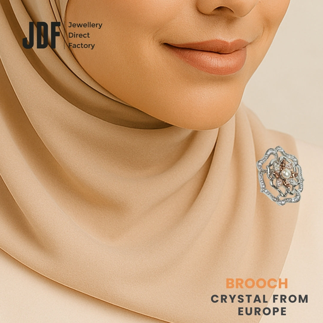Luxurious Flower Brooch with Crystals from Europe, Brooch, Worn on Tudung by Model, Crystals from Europe, One-Year Warranty - Jewellery Direct Factory in alabaster background