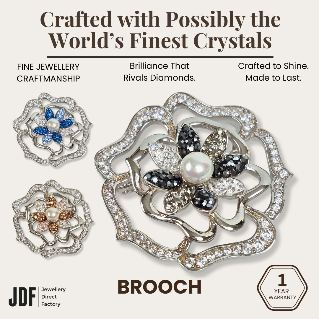 Luxurious Flower Brooch with Crystals from Europe, Brooch, Beige, Blue, Black, Crystals from Europe, One-Year Warranty - Jewellery Direct Factory in alabaster background