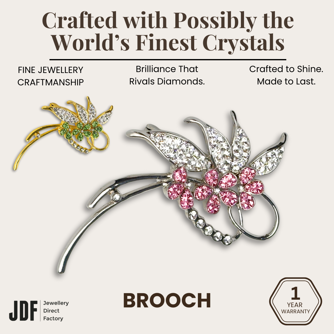 Luxury Floral Leaf Brooch with Sparkling European Crystals, Brooch, Green, Pink, Crystals from Europe, One-Year Warranty - Jewellery Direct Factory in alabaster background