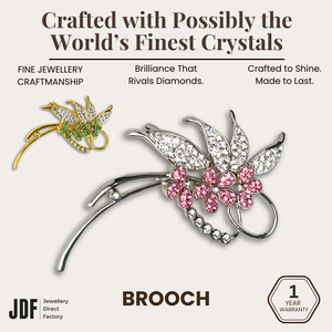 Luxury Floral Leaf Brooch with Sparkling European Crystals, Brooch, Green, Pink, Crystals from Europe, One-Year Warranty - Jewellery Direct Factory in alabaster background