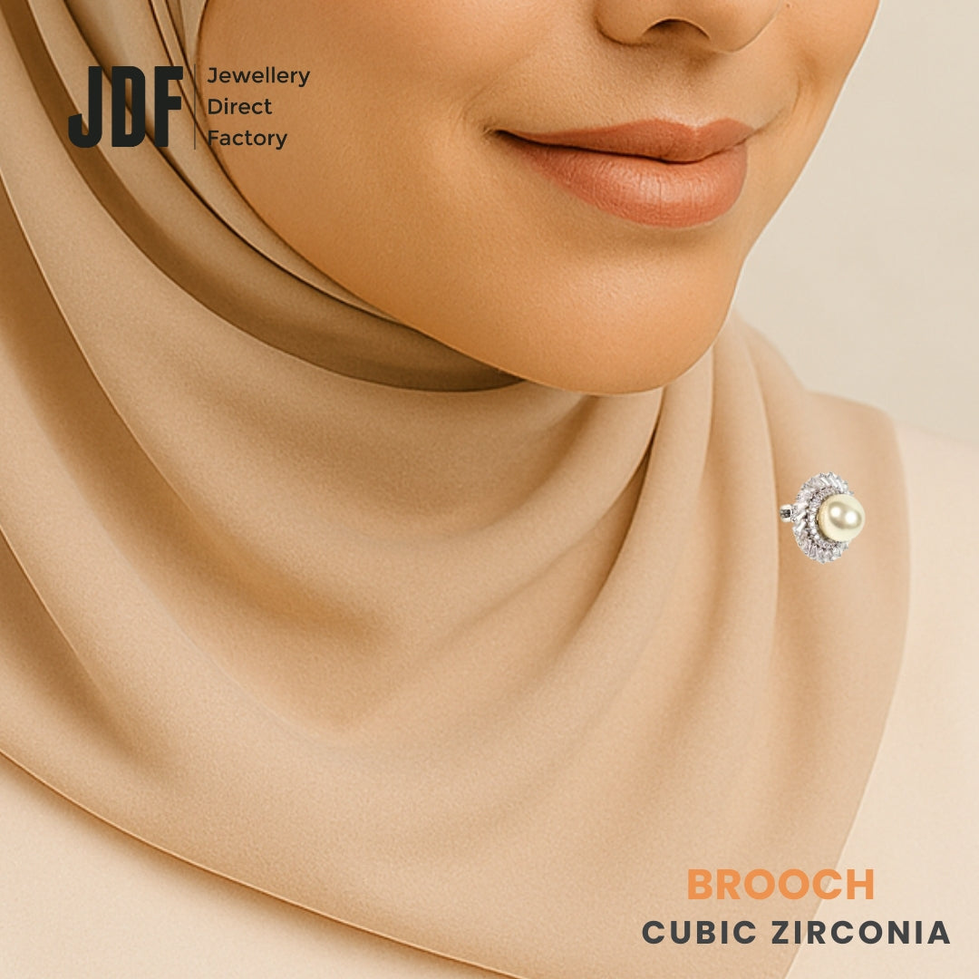 Marquise Pearl Brooch with Crystal From Europe, Brooch, Worn on Tudung by Model Angle 2, Crystals from Europe, One-Year Warranty - Jewellery Direct Factory in alabaster background