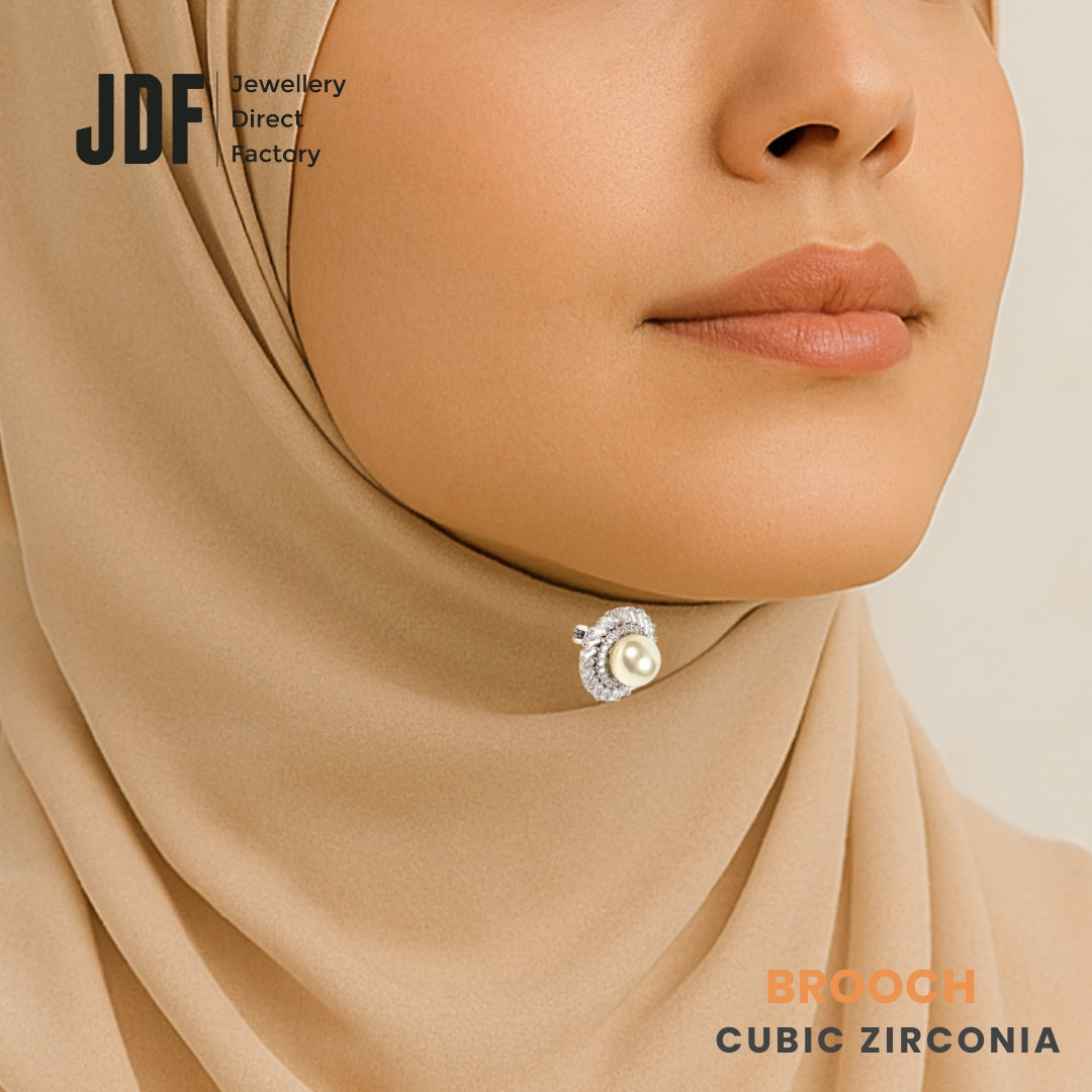 Marquise Pearl Brooch with Crystal From Europe, Brooch, Worn on Tudung by Model, Crystals from Europe, One-Year Warranty - Jewellery Direct Factory in alabaster background