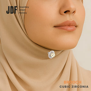 Marquise Pearl Brooch with Crystal From Europe, Brooch, Worn on Tudung by Model, Crystals from Europe, One-Year Warranty - Jewellery Direct Factory in alabaster background