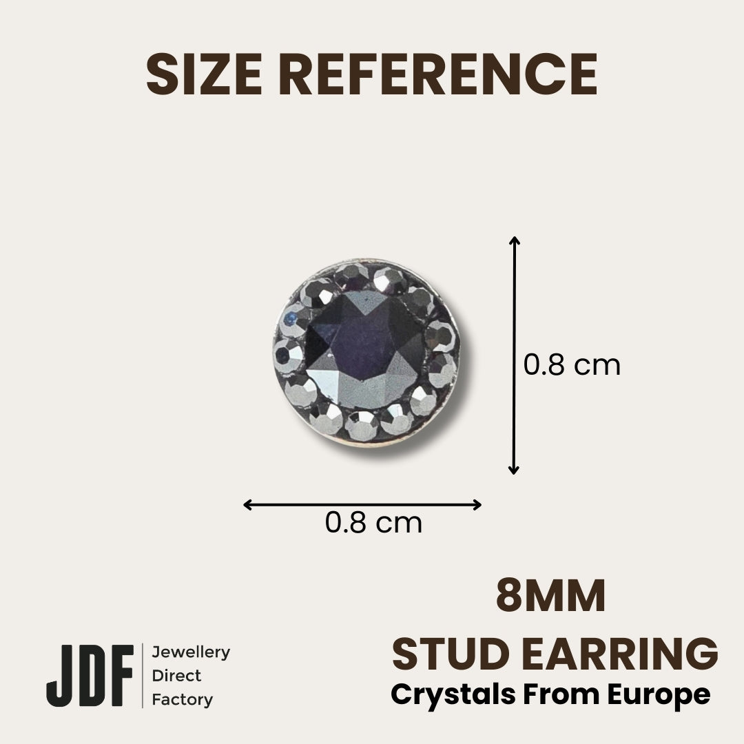 Mini Halo Round Stud Earrings with Crystals from Europe, Crystal Earrings, Size Reference, Crystals from Europe, One-Year Warranty - Jewellery Direct Factory in alabaster background