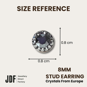 Mini Halo Round Stud Earrings with Crystals from Europe, Crystal Earrings, Size Reference, Crystals from Europe, One-Year Warranty - Jewellery Direct Factory in alabaster background
