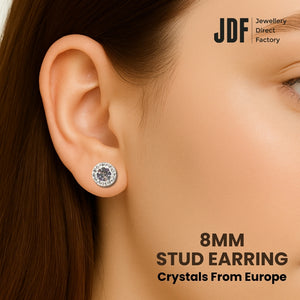 Mini Halo Round Stud Earrings with Crystals from Europe, Crystal Earrings, Worn by Model, Crystals from Europe, One-Year Warranty - Jewellery Direct Factory in alabaster background