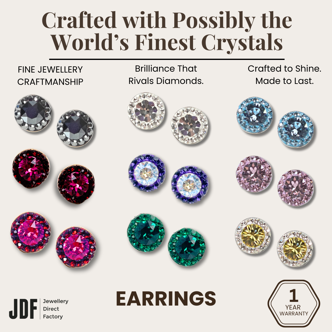 Mini Halo Round Stud Earrings with Crystals from Europe, Crystal Earrings, Blue, White, Purple, Yellow, Black, Light Purple, Red, Green, Dark Purple, Crystals from Europe, One-Year Warranty - Jewellery Direct Factory in alabaster background