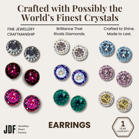 Mini Halo Round Stud Earrings with Crystals from Europe, Crystal Earrings, Blue, White, Purple, Yellow, Black, Light Purple, Red, Green, Dark Purple, Crystals from Europe, One-Year Warranty - Jewellery Direct Factory in alabaster background