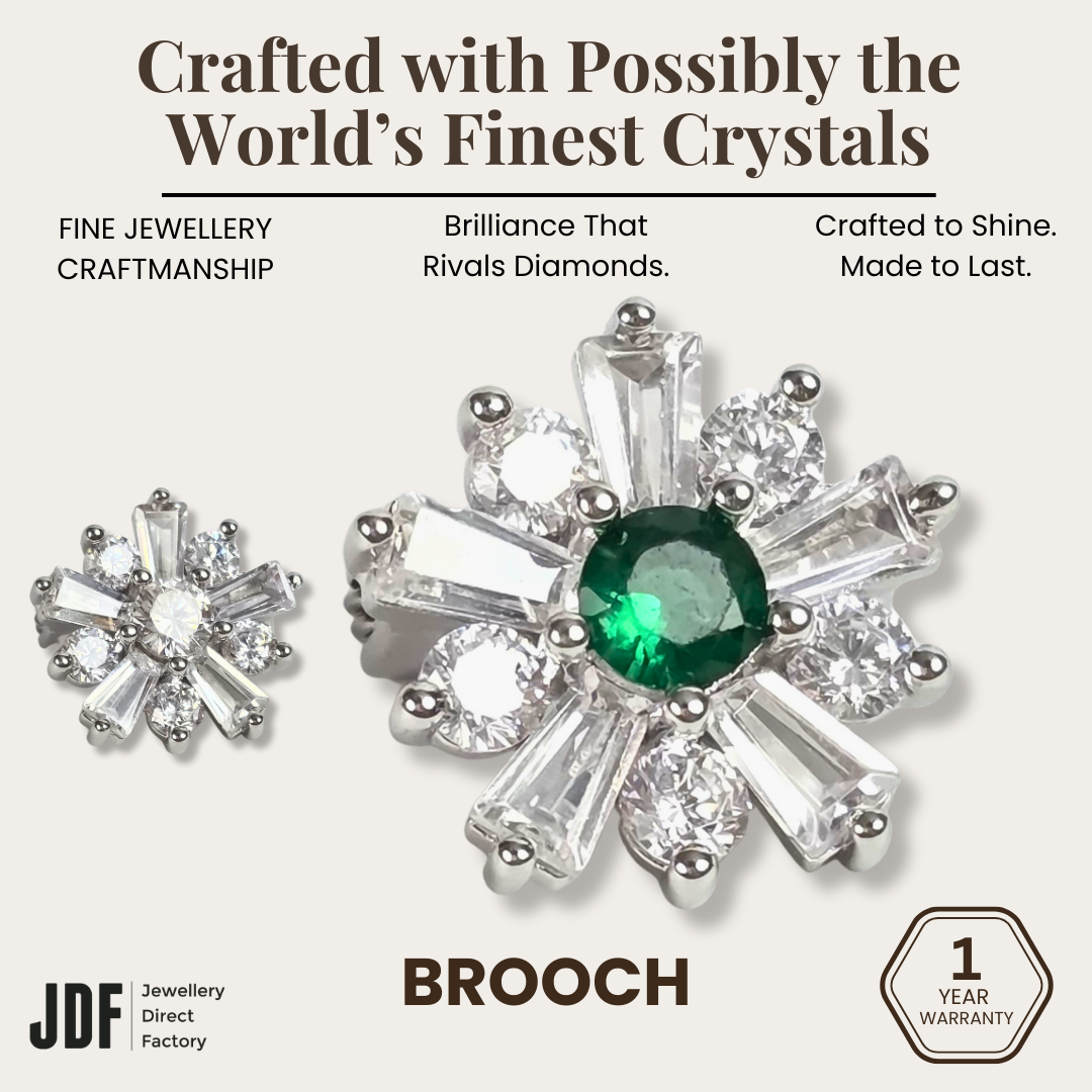 Minimalist Daisy Flower Brooch with Cubic Zirconia, Brooch, White, Green, Crystals from Europe, One-Year Warranty - Jewellery Direct Factory in alabaster background