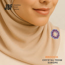 Minimalist Floral Brooch with Crystal From Europe, Brooch, Worn on Tudung by Model, Crystals from Europe, One-Year Warranty - Jewellery Direct Factory in alabaster background