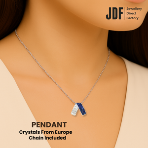 Modern Interlocking Geometric Pendant, Pendant, Worn by Model, Crystals from Europe, One-Year Warranty - Jewellery Direct Factory in alabaster background
