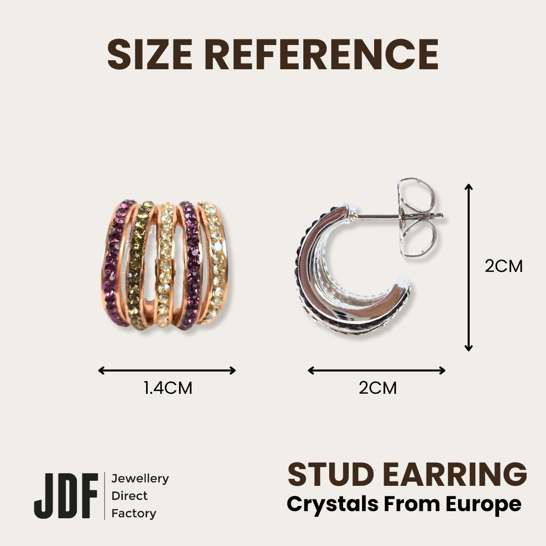 Multi-Band Stud Earrings with Crystals from Europe, Crystal Earrings, Size Reference, Crystals from Europe, One-Year Warranty - Jewellery Direct Factory in alabaster background