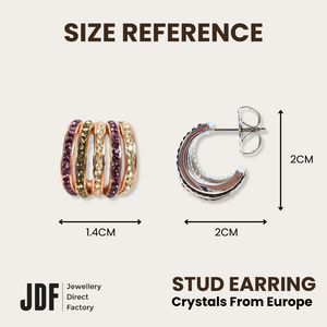Multi-Band Stud Earrings with Crystals from Europe, Crystal Earrings, Size Reference, Crystals from Europe, One-Year Warranty - Jewellery Direct Factory in alabaster background
